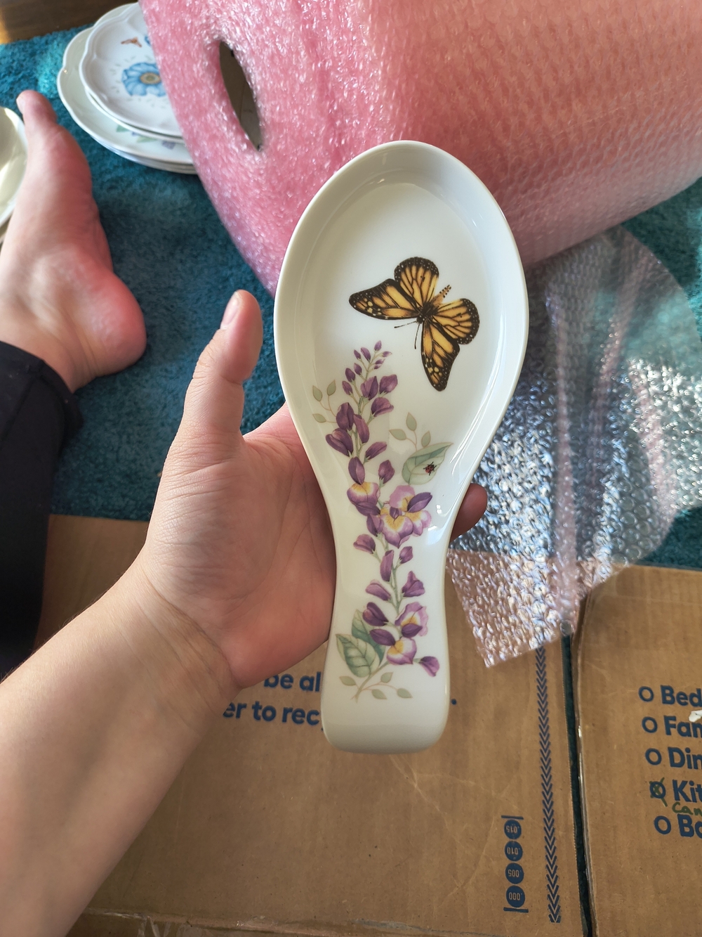Lenox White Porcelain Spoon Rest with Purple Flowers and Yellow Butterfly